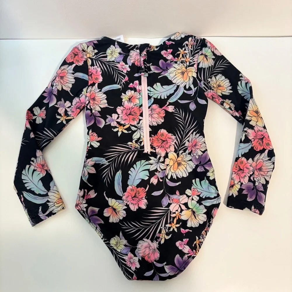 Art Class Swimsuit One Piece Floral Cutout‎ Girls Size XS 4/5 Black Long Sleeved
